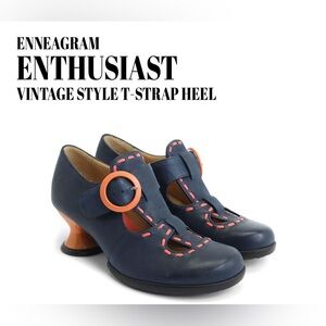 Fluevog EXCELLENT Enneagram Enthusiast navy/orange T-strap heel - 9 (fits 8.5)
